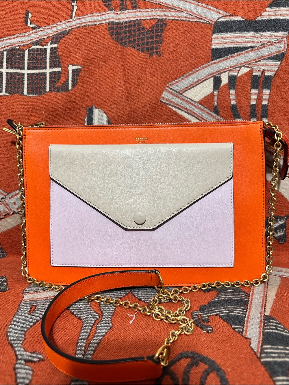 Celine ❤️🌟Orange Leather Envelope Crossbody with Pink & Cream Pocket⭐️